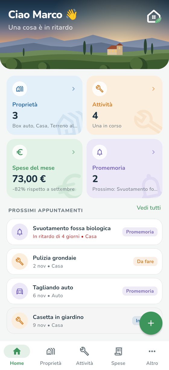 La schermata Home di Casumi con proprietà, attività, spese e promemoria